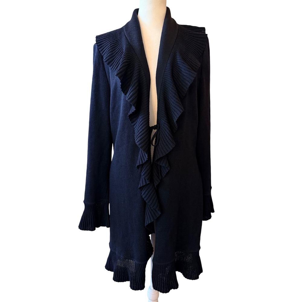 ST. JOHN Classic Black Designer Luxury Open Front Cardigan Ruffle Trim Size 6